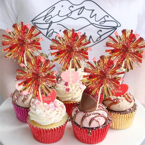 30 PCS Foil Firework Cupcake Toppers Sparkle Tinsel Cupcake Picks Happy Birthday Cake Decorations Drink Stirrers Cocktail Food Fruit Toothpicks for Baby Shower Graduation Party Supplies Red Gold (30 Count)
