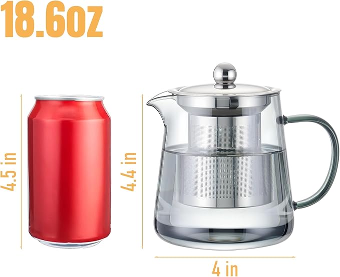 PARACITY Glass Teapot Stovetop 55ml/18.6oz, Borosilicate Clear Tea Kettle with Removable 18/8 Stainless Steel Infuser, Teapot Blooming and Loose Leaf Tea Maker Tea Brewer for Camping