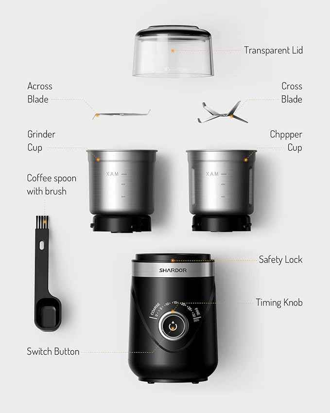 SHARDOR Electric Super Silent Blade Coffee Grinder, Timed Grind Control Rotary Knob, Adjustable Coarse to Fine for Coffee Beans, Spices & Herbs, with 2 Removable Stainless Steel Bowl, Black