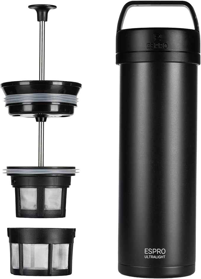 ESPRO P0 Ultralight French Press Coffee Maker for Travel, Vacuum Insulated Stainless Steel, 16 Ounces, Matte Meteorite Black