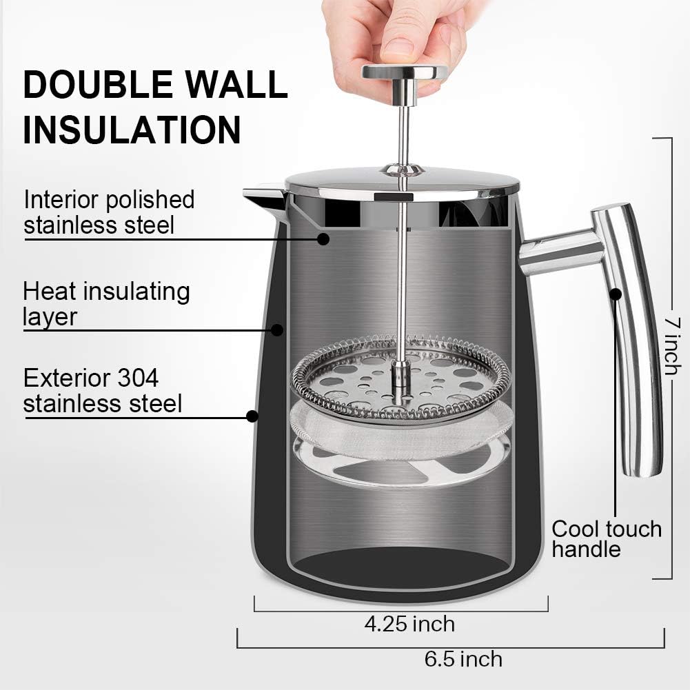 Secura French Press Coffee Maker, 17-Ounce, 304 Stainless Steel Insulated Coffee Press with Extra Screen - Blissbrew