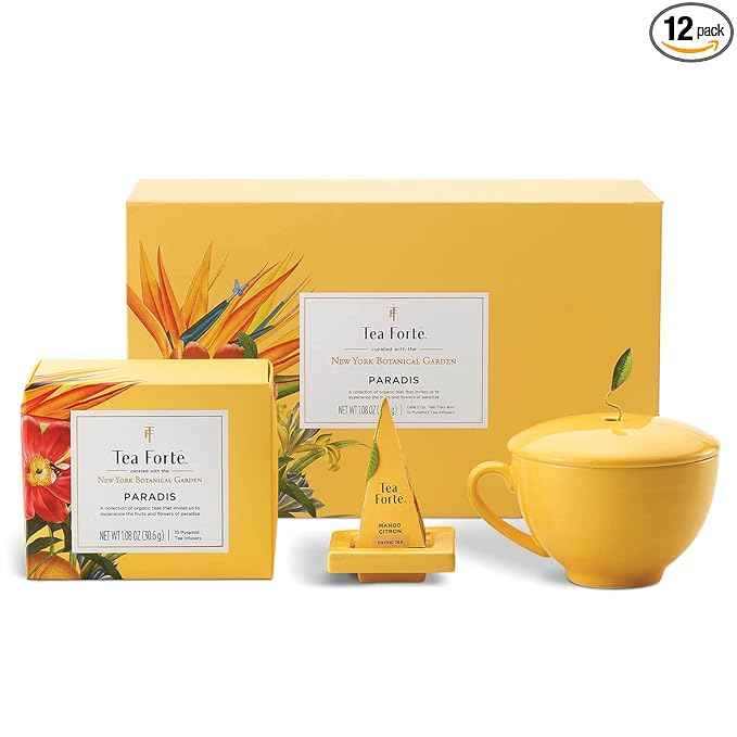 Tea Forte Paradis 3-Piece Premium Tea Gift Set with Mango Yellow Cafe Cup with Lid, Tea Tray and 10 Assorted 2 of Each Variety Organic Handcrafted Pyramid Infuser Tea Bags