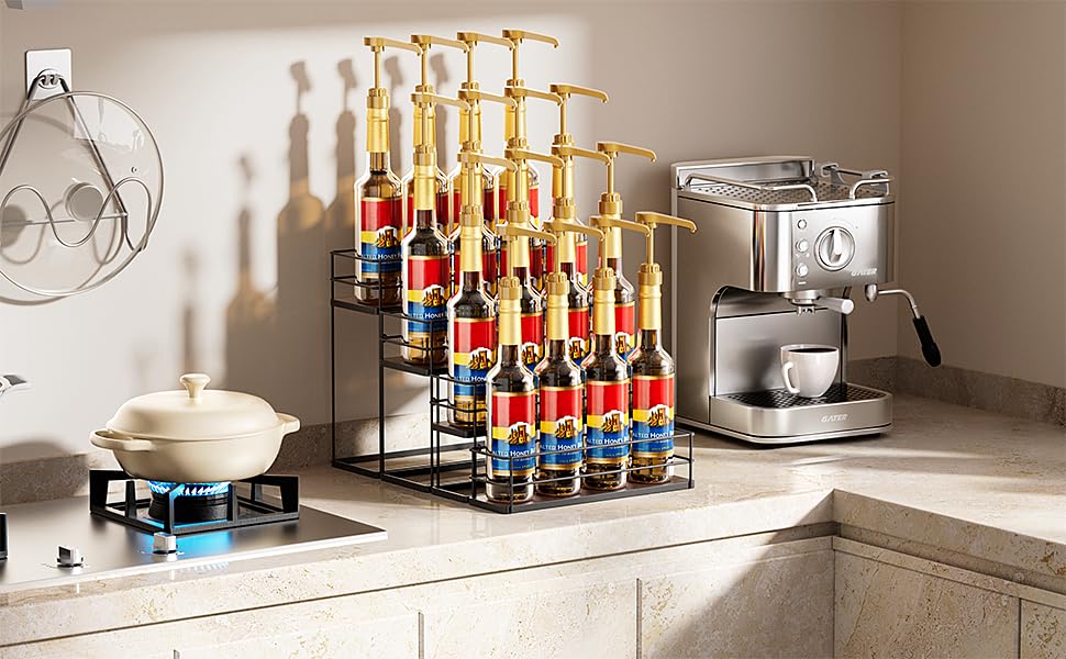 16 Bottle Capacity Coffee Syrup Organizer 4 Tier Coffee Syrup Stand Shelf for Coffee Bar Kitchen Small Wine Rack for Bar Family Storage for Syrup Wine Dressing (13.6 inch(es))