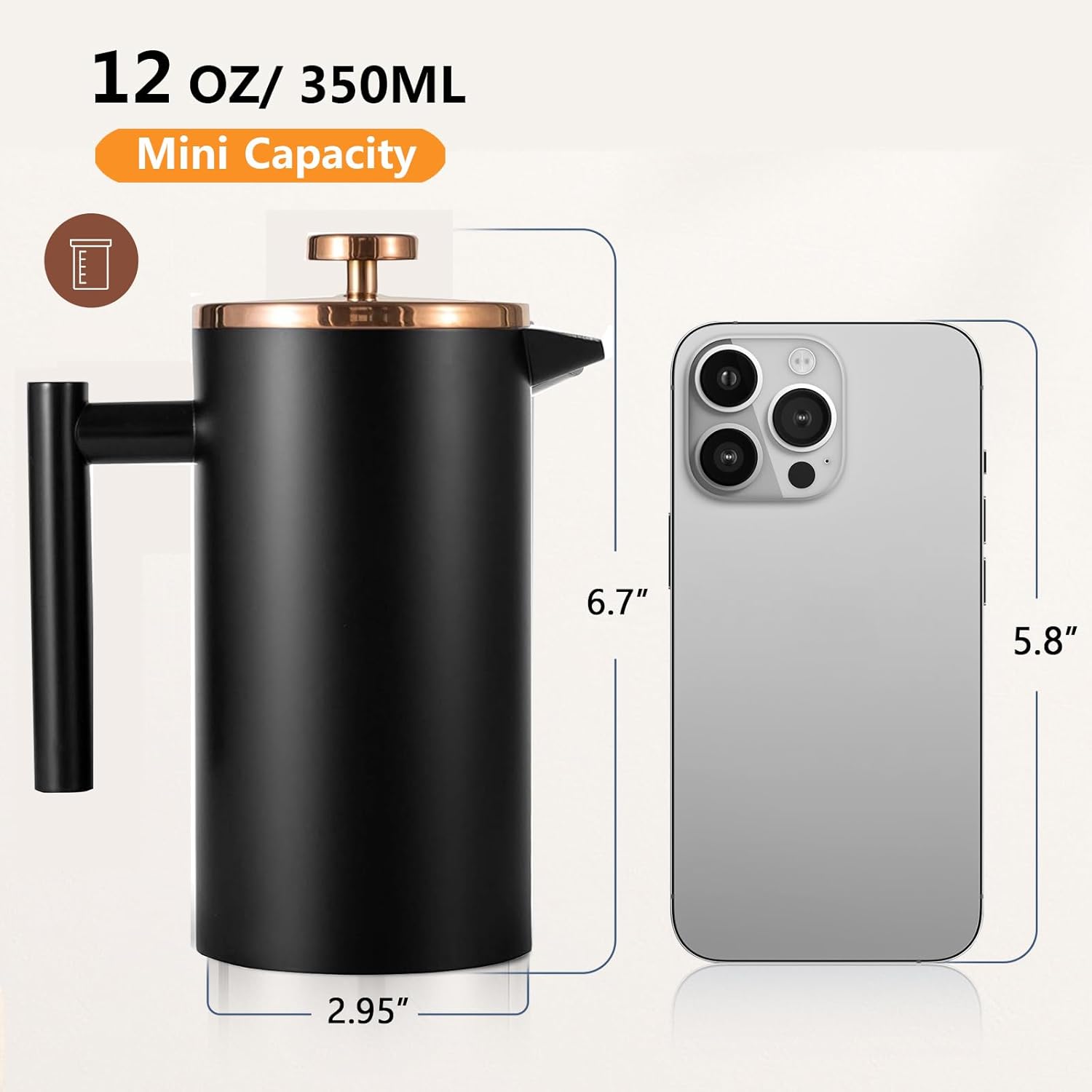 Small French Press 350ml Black, Double-Wall Insulated French Press Coffee Press Stainless Steel for travel camping, Single Cup Pour Over Coffee Maker Black(1 cup, 12 OZ) - Blissbrew