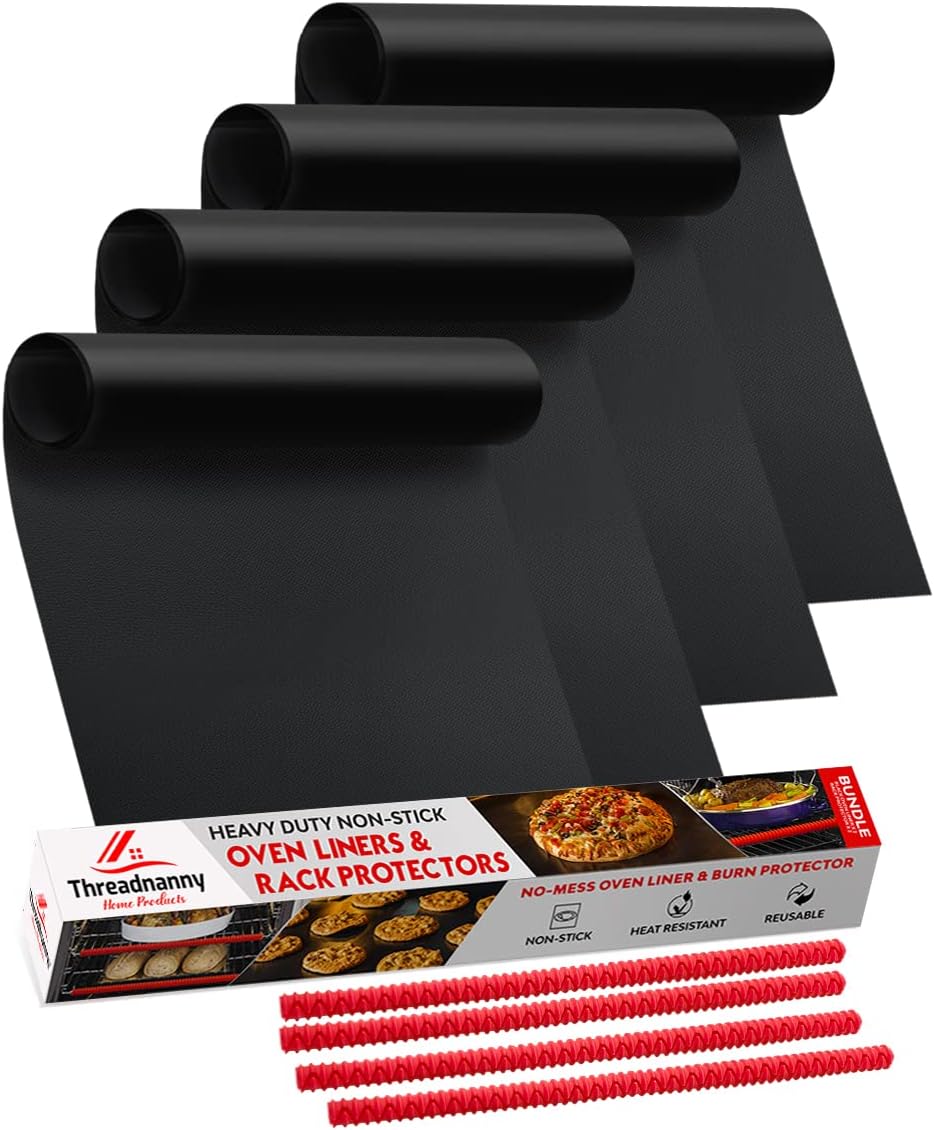 Oven Liners for Bottom of Oven Black (4-pack) Bundled with Range Rack Shield (4-pack) - Large Mat for Bottom of Range (17
