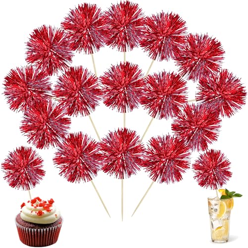 30Pcs Foil Firework Cupcake Toppers Sparkle Tinsel Cupcake Picks Happy Birthday Cake Toppers Drink Stirrers Cocktail Food Fruit Toothpicks for Baby Shower Birthday Party Supplies Red (30 Count)