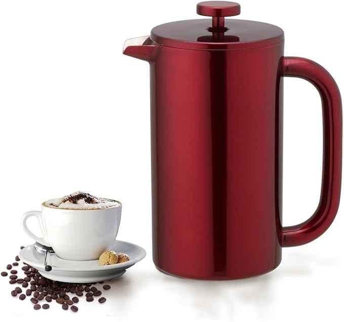 8-Cup Double Wall Insulated Stainless Steel French Coffee Press, 32-Ounce Durable Coffee Tea Maker with Stainless Steel Plunger, Red