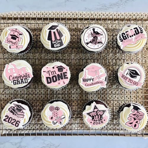 48Pcs Edible Graduation Cap 2026 Cupcake Toppers Wafer Paper Grad Cap Diploma Cake Decoration Picks for 2026 Grad Theme Party Cake Decor Supplies Black Pink (48 Count)