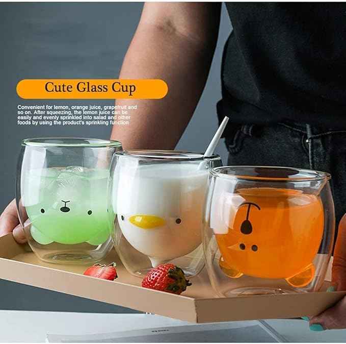 Duck Mug Cute Mugs Glass Double Wall Insulated Glass Espresso Cup, Coffee Cup, Tea Cup, Milk Cup,Kawaii Gift for Office and Personal Birthday Christmas (Duck)