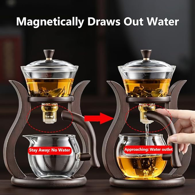 Lazy Kungfu Drip TeaPot, Heat Resistant Tea Set, Semi-Automatic Glass Teapot Suit for Magnetic Water Flow Wooden Glass Teapot Set