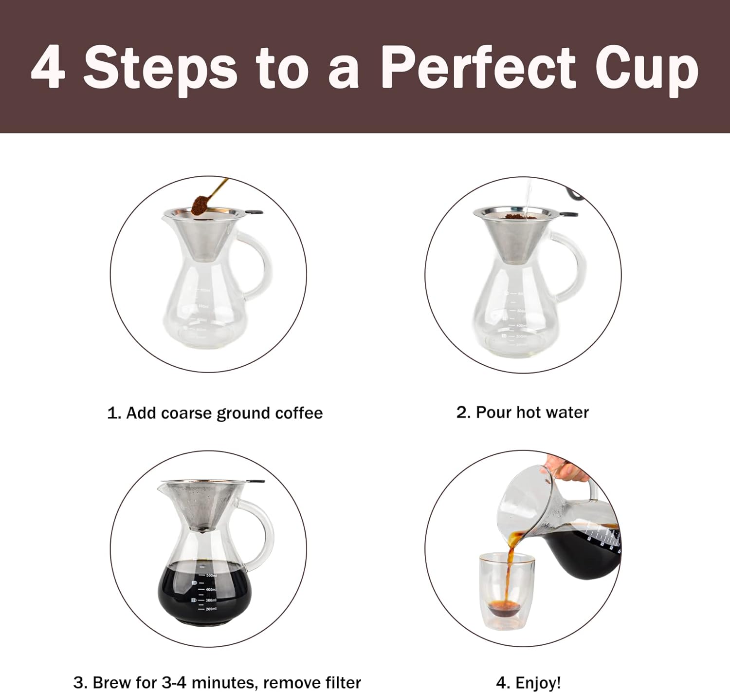 T-mark Pour Over Coffee Maker with Reusable Double-layer Stainless Steel Filter, 600ml/20oz BPA-Free Glass Coffee Carafe, Glass Coffee Maker, Coffee Dripper Brewer - Blissbrew