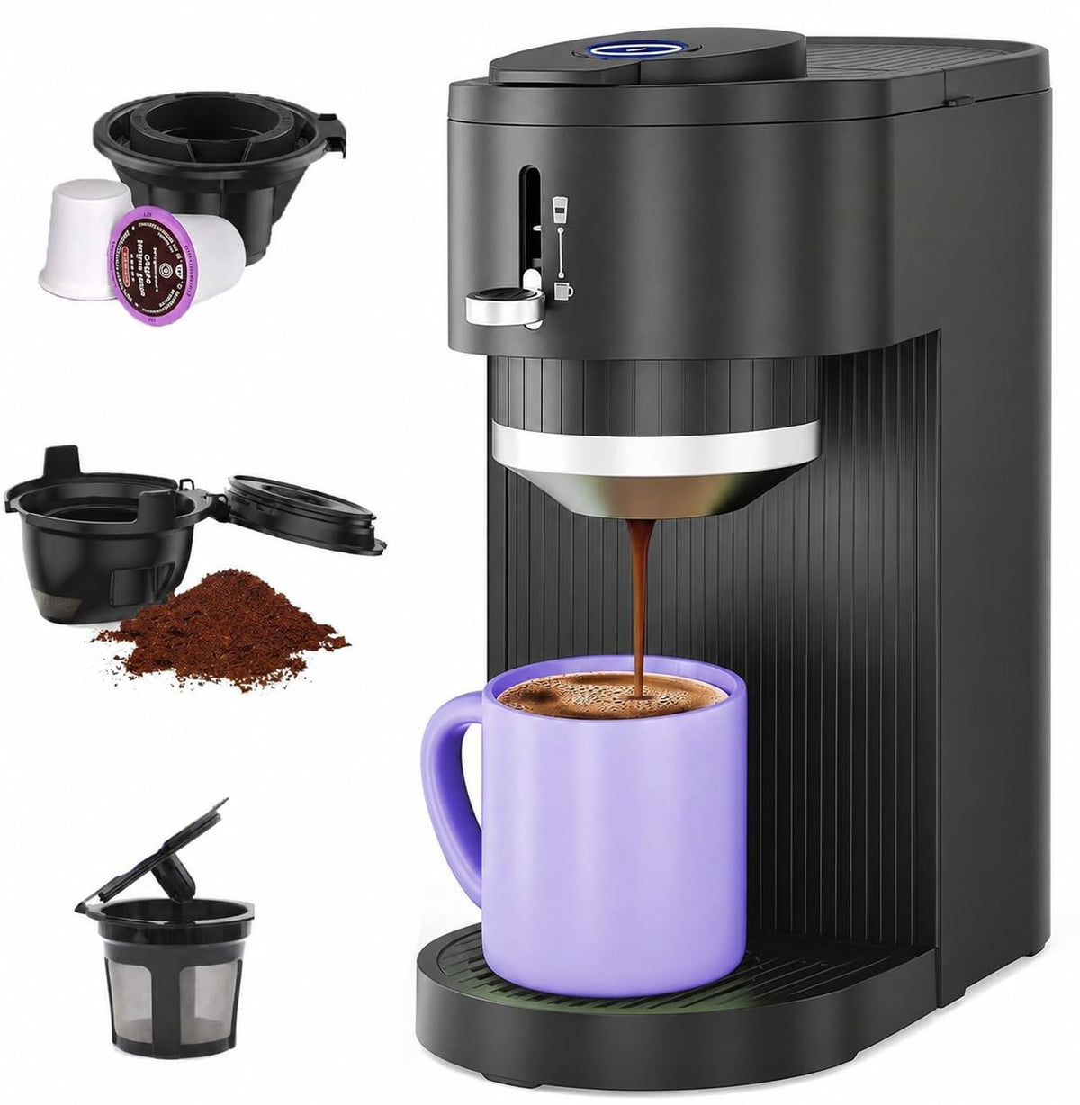 2-in-1 single serve coffee maker in black