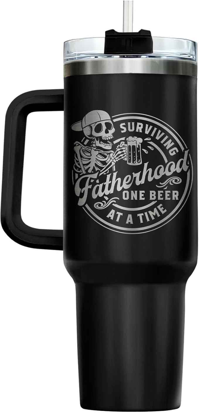 34HD Fatherhood Beer Tumbler 40oz with Handle and Straw - Surviving Dad One Beer at a Time Insulated Travel Coffee Mug - Funny Daddy Gift for Father's Day Birthday Grandpa Men