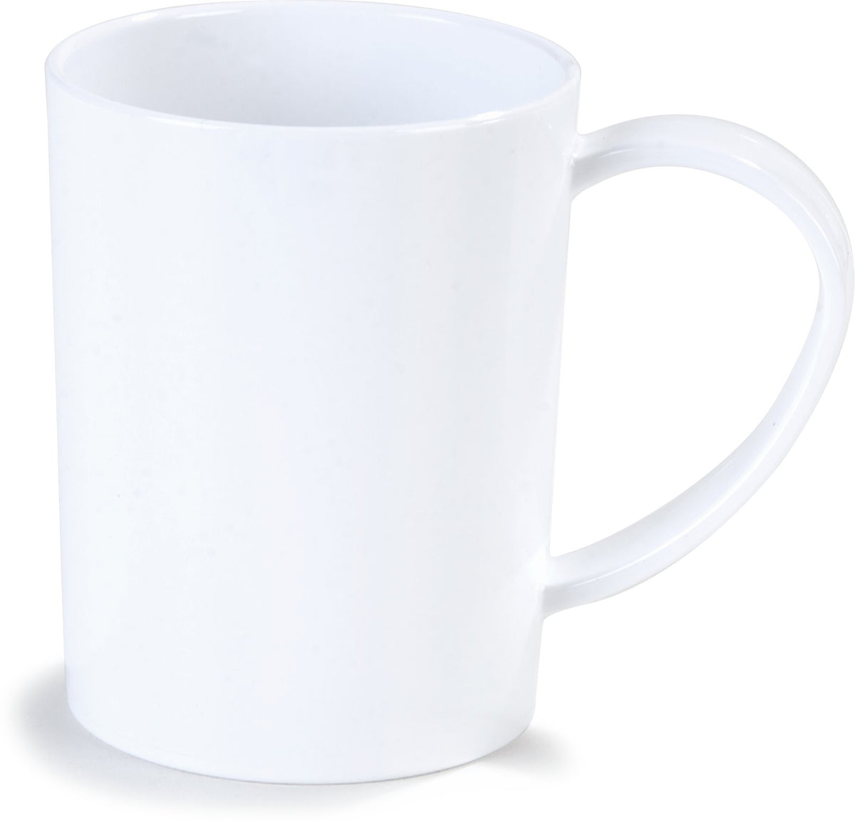 White 8 oz plastic coffee mug with easy grip handle