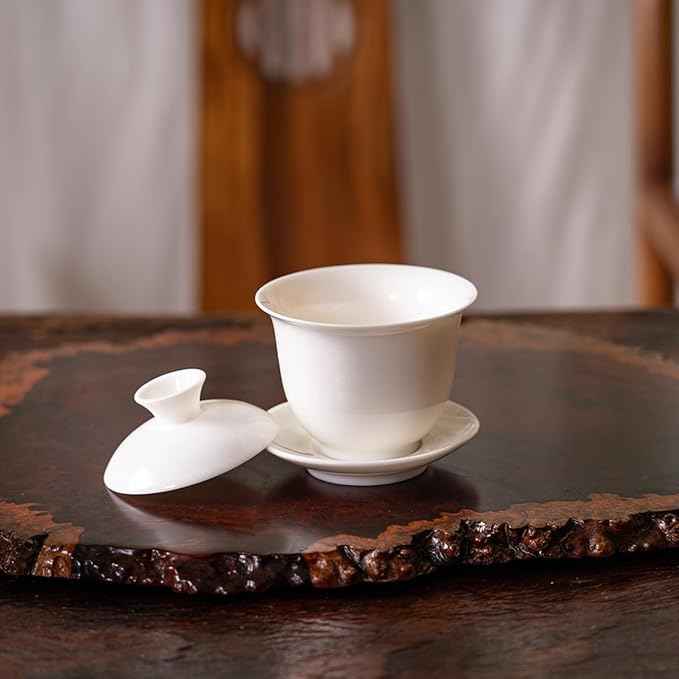 KEYDUACU Gaiwan Chinese Gongfu Tea Set，Asian Adult White Ceramic Tea Set, 6 Cups Suitable for Small Gatherings, Home and Office,Gift Giving(Home-White)