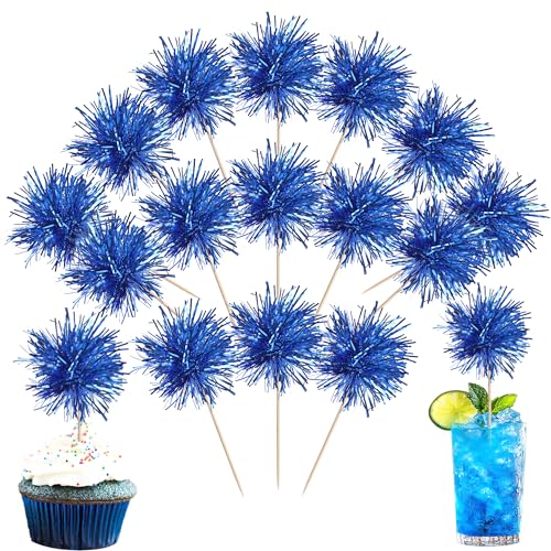 40 PCS Foil Firework Cupcake Toppers Sparkle Tinsel Cupcakae Picks Sparkler Fireworks Party Decorations Cocktail Fruit Toothpick for Birthday Wedding Graduation Party Decorations Supplies Dark Blue (40 Count)
