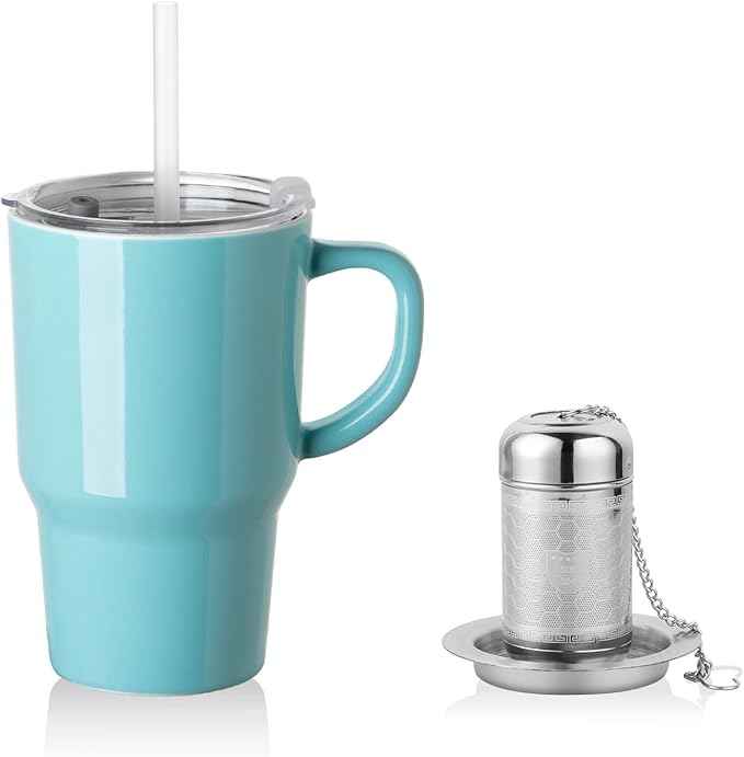 Sweejar Ceramic Tea Cup with Lid, 16 OZ Portable Coffee Mug, Dishwasher Safe Travel Mug with Infuser, Reusable Teacup for Car Cup Holder, Tea Lovers(Turquoise)