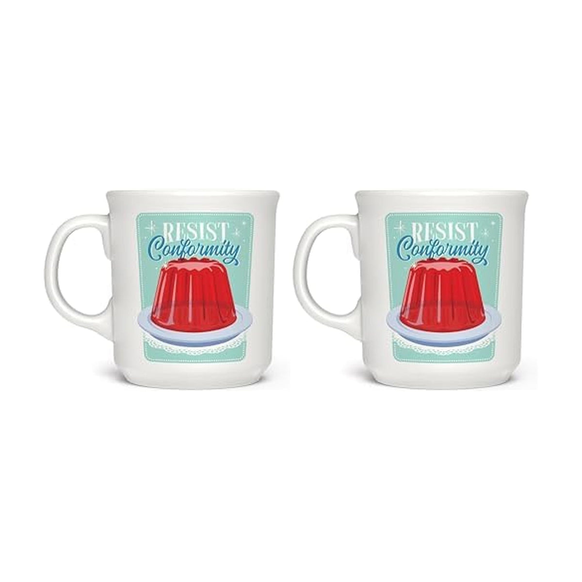 White 16 oz ceramic mug with jello mold graphic, pack of 2