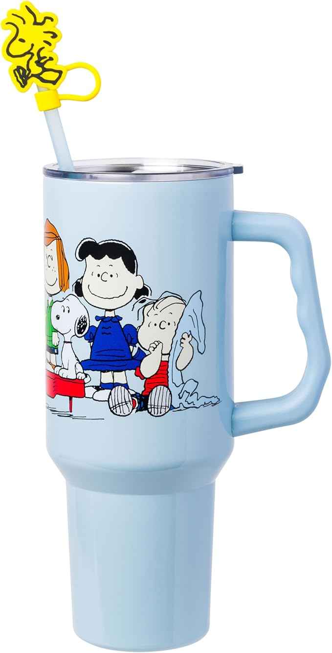 Silver Buffalo Peanuts Gang Charlie Brown, Snoopy, Woodstock, Lucy, Sally, Linus, Double Walled Stainless Steel Tumbler with Handle, Straw, and Straw Cap, Fits in Standard Cup Holder, 40 Ounces