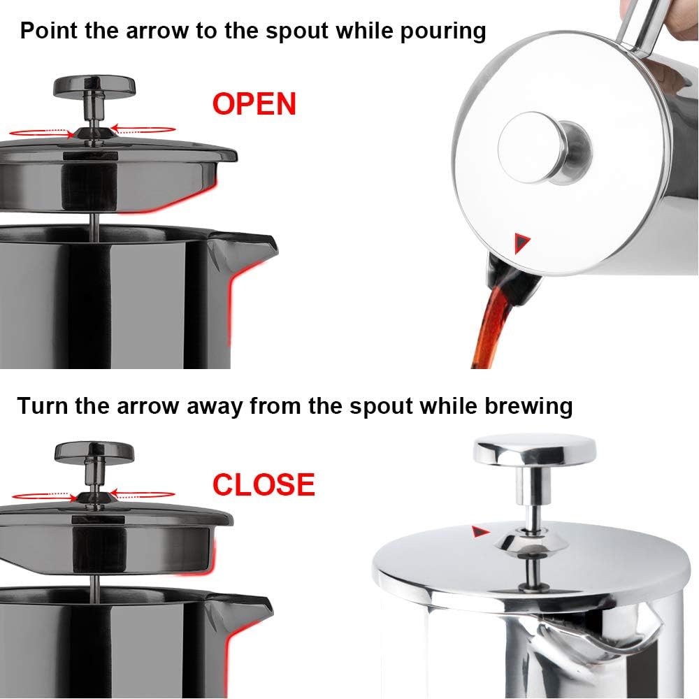 Secura French Press Coffee Maker, 304 Grade Stainless Steel Insulated Coffee Press with 2 Extra Screens, 17oz (0.5 Litre), Silver - Blissbrew