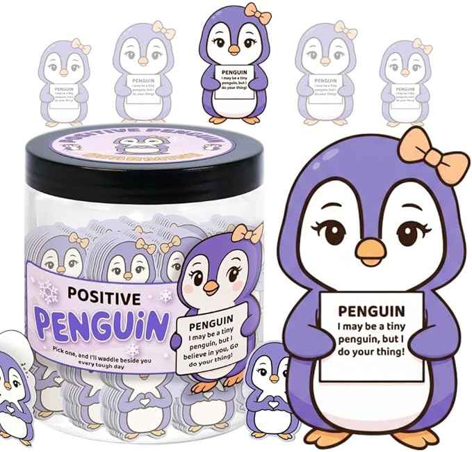 Positive Penguin Purple Jar with 60 Affirmation Cards, Emotional Support Penguin Gift, Penguin Gifts for Women, Best Friend Birthday Gifts, Funny Birthday Cards, Penguin Figurines and Penguin Decor