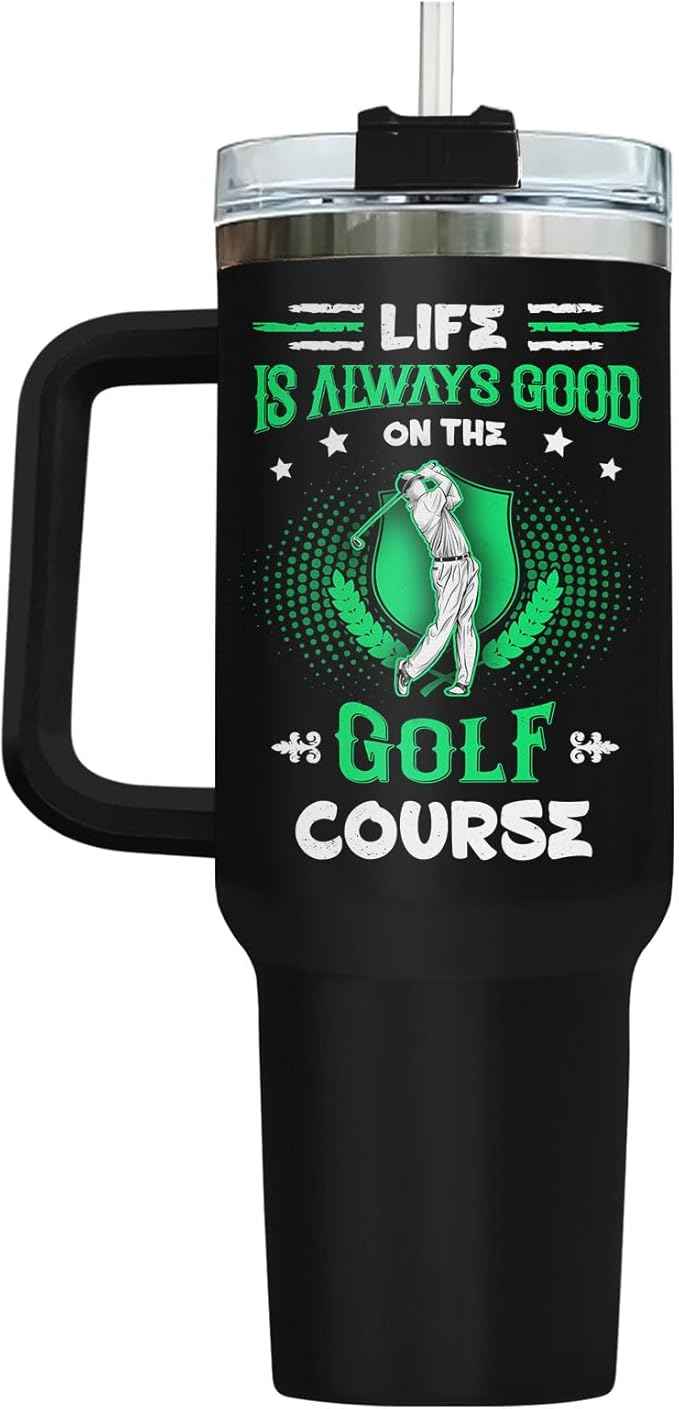 34HD Cool Golfer Tumbler 40oz with Handle and Straw, Life is Always Good on the Golf Course Insulated Travel Coffee Mug, Retirement Birthday & Father's Day Gifts for Dad, Uncle & Grandpa