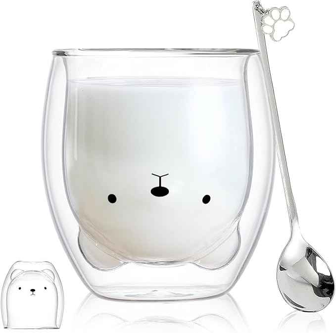 Bear Cute Mugs Kawaii Double Wall Glass Coffee Tea Mill Yogurt Cup Funny Novelty Gift for Women Her Friends Office Birthday Christmas