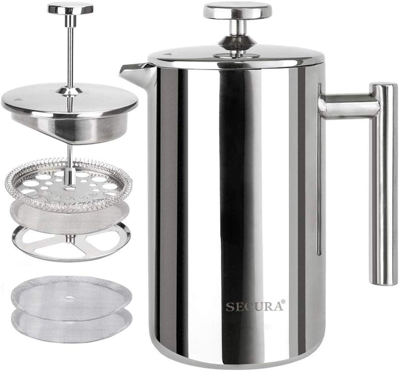 Secura French Press Coffee Maker, 304 Grade Stainless Steel Insulated Coffee Press with 2 Extra Screens, 12oz (0.35 Litre), Silver (SFP-12DS) - Blissbrew