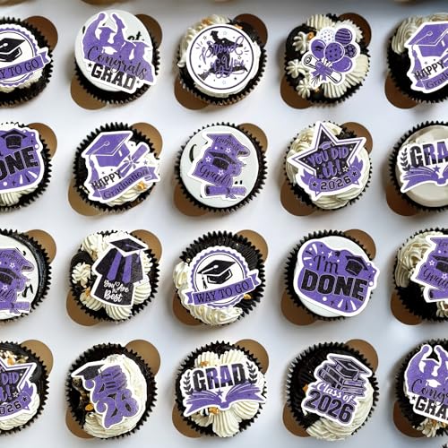 48Pcs Edible Graduation Cap 2026 Cupcake Toppers Wafer Paper Grad Cap Diploma Cake Decoration Picks for 2026 Grad Theme Party Cake Decor Supplies Purple White (48 Count)