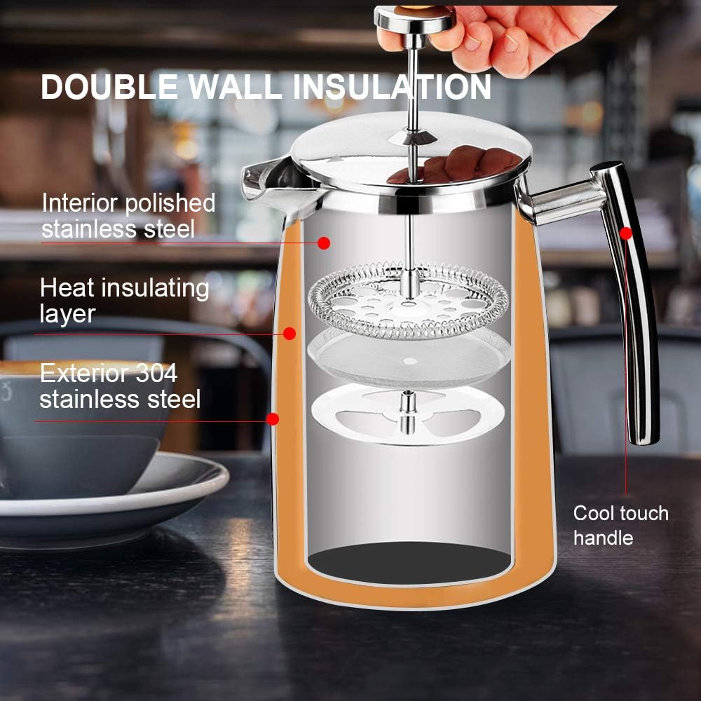 Secura French Press Coffee Maker, 50-Ounce, 304 Stainless Steel Insulated Coffee Press with Extra Screen - Blissbrew