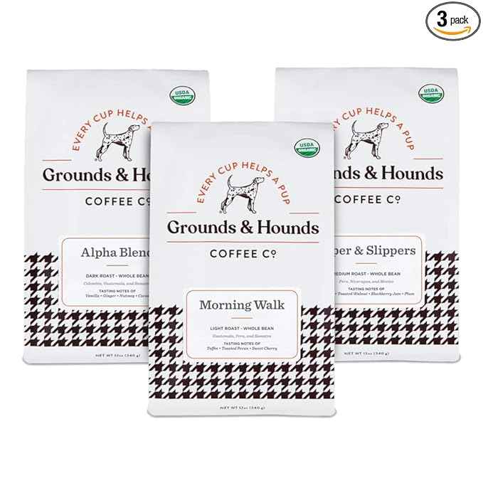 Grounds & Hounds Three Blend Starter Kit - 100% Organic Whole Bean Coffee Variety Pack, Whole Coffee Beans, Includes Three 12oz Bags of Our Most Popular Blends