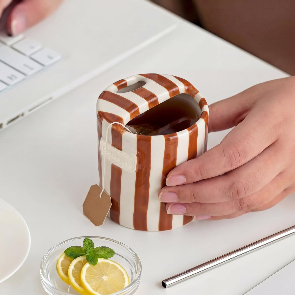 Striped ceramic mug set with sip holes