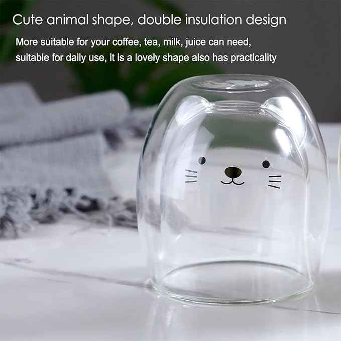 Cat Mug Cute Mugs Glass Double Wall Insulated Glass Espresso Cup, Kawaii Cup, Coffee Cup, Tea Cup, Milk Cup, Best gift for Office and Personal Birthday Christmas (Cat)