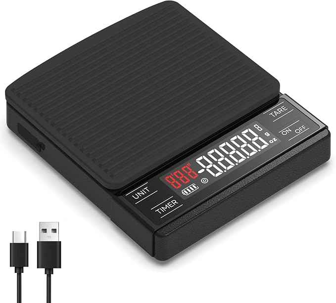 MAXUS Coffee Scale with IP65 Waterproof Design, USB Rechargeable 1000mAh Battery, Espresso Scale with Timer 2kg/0.1g High Precision, Ideal for Brewing and Pour-Over Coffee