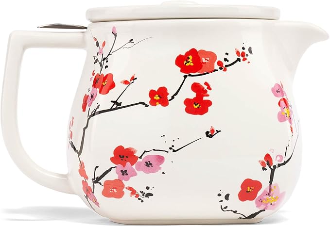Tea Forte Ceramic Teapot with Removable Stainless Steel Infuser Basket and Lid, Steeps 24 oz. Loose Leaf Tea, Dishwasher & Microwave Safe, Gifts for Mom, Sakura Cherry Blossom