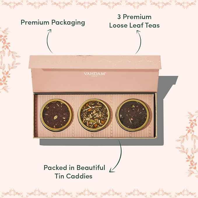 VAHDAM, BLUSH - Assorted Tea Gift Set, 3 Premium Teas in Tin Caddy Presentation Box | Loose Leaf Teas | Gift for everyone