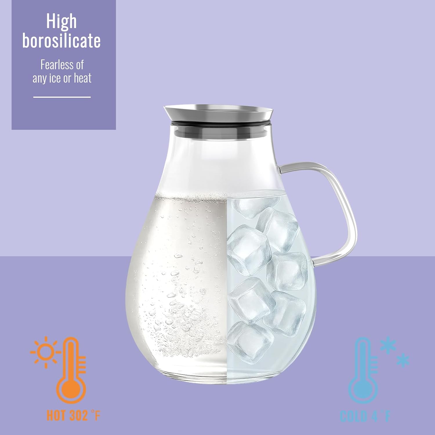 Glass Pitcher, 51 oz Glass Water Pitcher Jug Carafe, 0.4 Gallon Clear Tea Pitchers With Handle And Lid, Pitcher With Lid And Spout for Hot/Iced Water Milk Juice Coffee Fruit