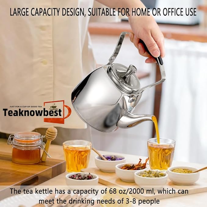 Stainless Steel Teapot with Infuser, Teapot for Loose Leaf Tea 68oz, Teapot for Stovetop, Mirror Finished, Dishwasher Safe (2000ml)