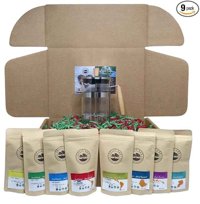 Coffee Gift Box Set 8 Assorted Coffees 2oz plus1 French Press Glass Coffee Maker. Amazing coffees from all over the world.