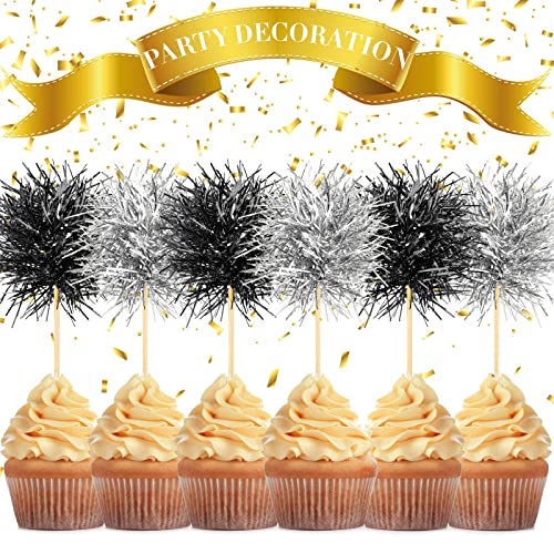 100 Pcs Foil Firework Cupcake Toppers Sparkle Tinsel Cake Toppers Cake Decoration Cocktail Fruit Toothpick for Birthday Wedding Graduation Party