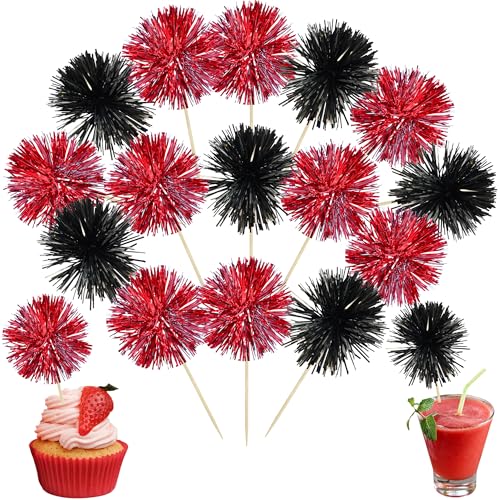 30Pcs Foil Firework Cupcake Toppers Party Birthday Cake Toppers Supplies Sparkle Tinsel Cocktail Fruit Toothpick for Birthday Wedding Graduation Party Supplies Black Red (30 Count)