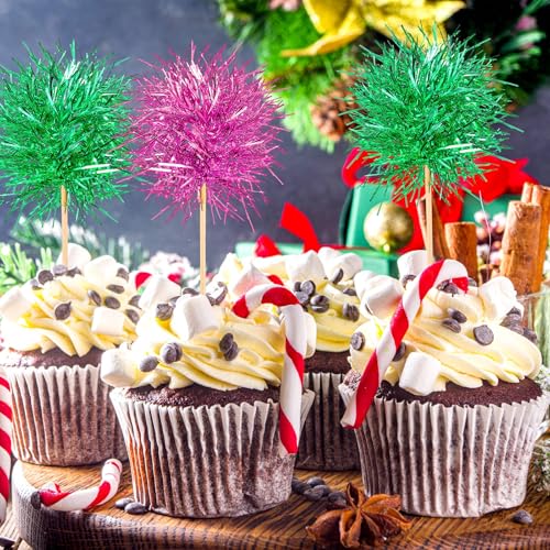 100 Pcs Pink and Green Foil Firework Witch Cupcake Toppers Party Favors Sparkle Tinsel Cake Toppers Cake Decoration Cocktail Fruit Toothpick for Birthday Wedding Graduation Party