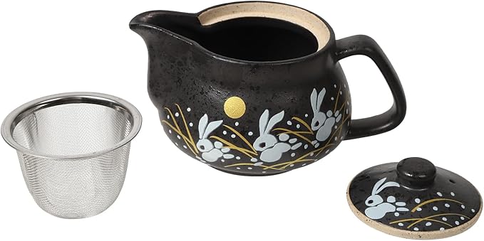 10oz bunny kyusu Rabbit Kutani Yaki(ware) Japanese Teapot with Removable Infuser, Handle Mug Stovetop Safe Tea Kettle, Blooming and Loose Leaf Tea Maker Set(Ceramic, Rabbit Black)