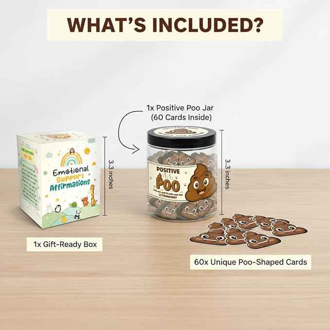 Positive Poo Jar with 60 Affirmation Cards, Emotional Support Poo, Funny Gag for Women, Men, Corwokers, Friends, Poop Emoji Gifts