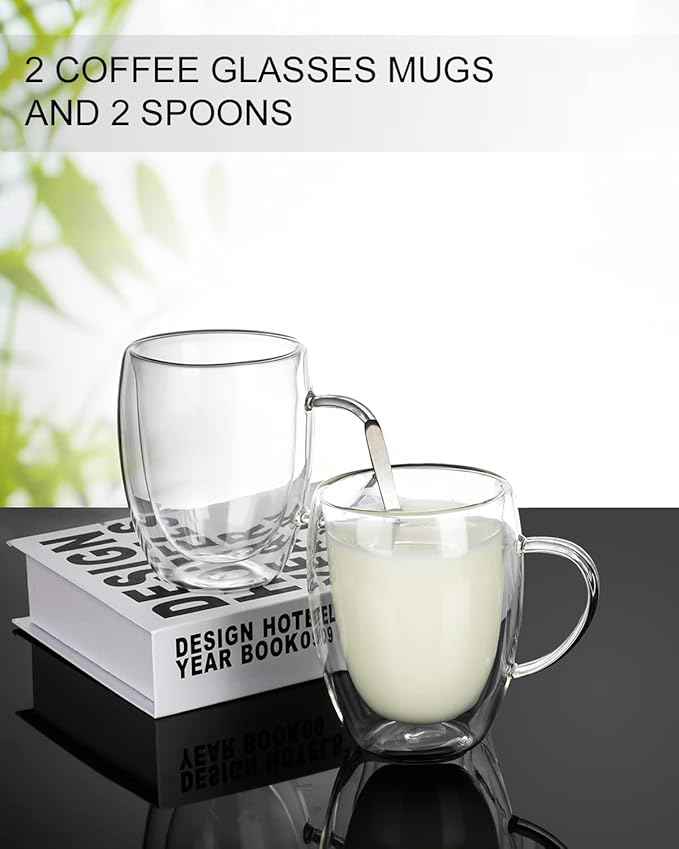 LIBWYS 12oz Double Walled Coffee Cups Glasses Mugs, Espresso Cappuccino Latte Tea Cups with Handle 350ml (2x350ml)