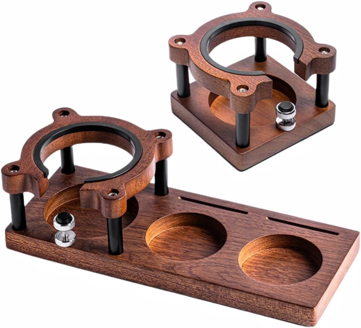 Adjustable Wooden Espresso Tamping Station, Coffee Tamper Base Portafilter Holder Compact Tamping Station Sapele Wood Coffee Portafilters Stand Base (B)