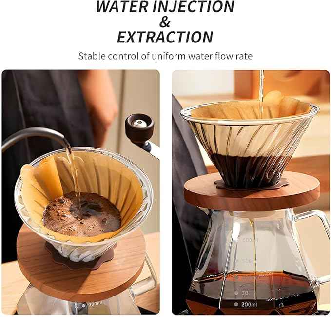 Professional Glass Pour Over Coffee Maker Kit - 600ml V-Shaped Brewer with Walnut Handle & 100 V20 Filters, 20 oz Borosilicate Carafe for Camping Home Brewing Gifts