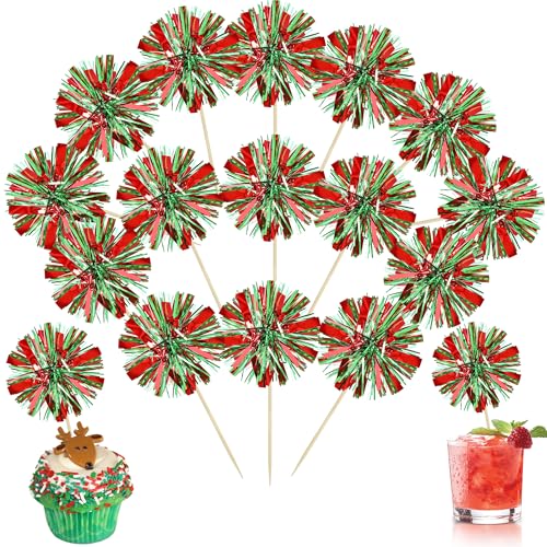 30Pcs Foil Firework Cupcake Toppers Sparkle Tinsel Drink Birthday Cake Decorations Cocktail Food Fruit Toothpick for New Years Wedding Birthday Party Decorations Red Green (30 Count)