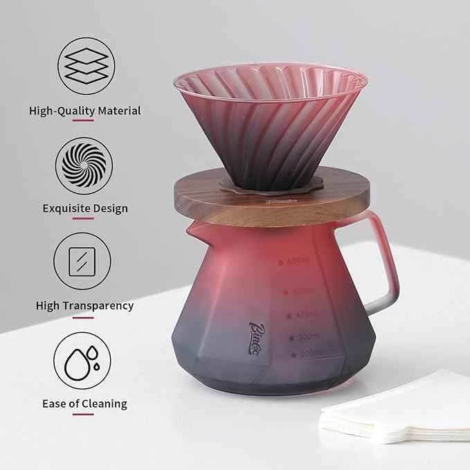 Bincoo Pour Over Coffee Maker Set - Borosilicate Glass Dripper with Walnut Handle & Glass Lid, 50 pcs Paper Filters Included