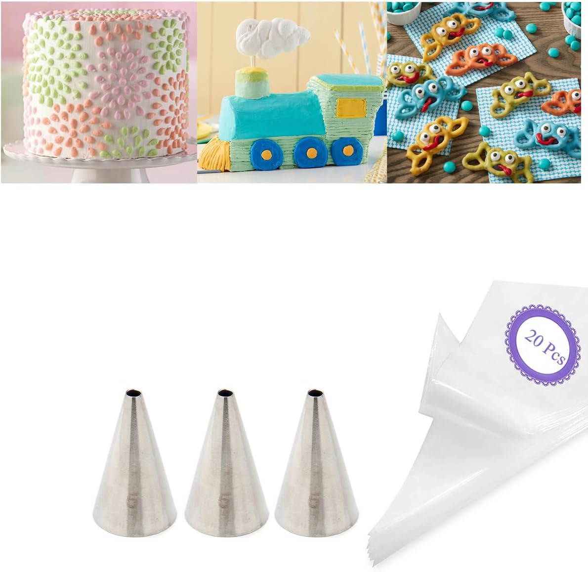#5 Piping Tip and Bag Set – 3 Round Decorating Tips & 20 Disposable 8